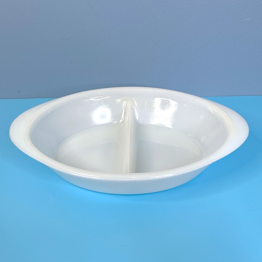 Glasbake Vintage Dish White Milk Glass J2352 Divided Serving Bowl Microwave Safe